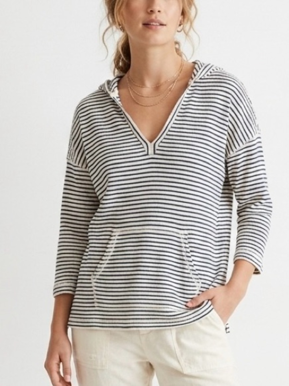 American Living Nautical Navy Stripe V-Neck Tunic Hoodie | Coastal Chic L